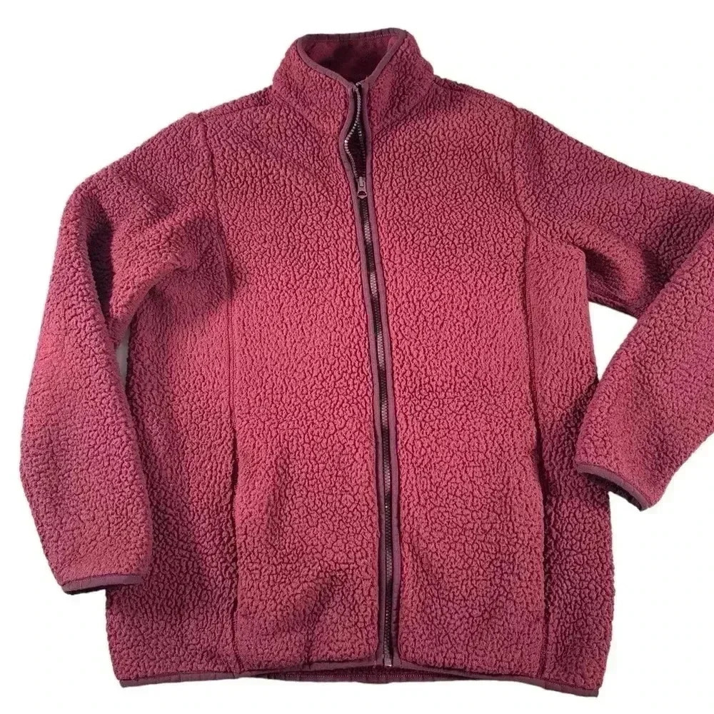 Lands End Women's M 10/12 Solid Maroon Sherpa Cozy Full Zip Fleece Sweater